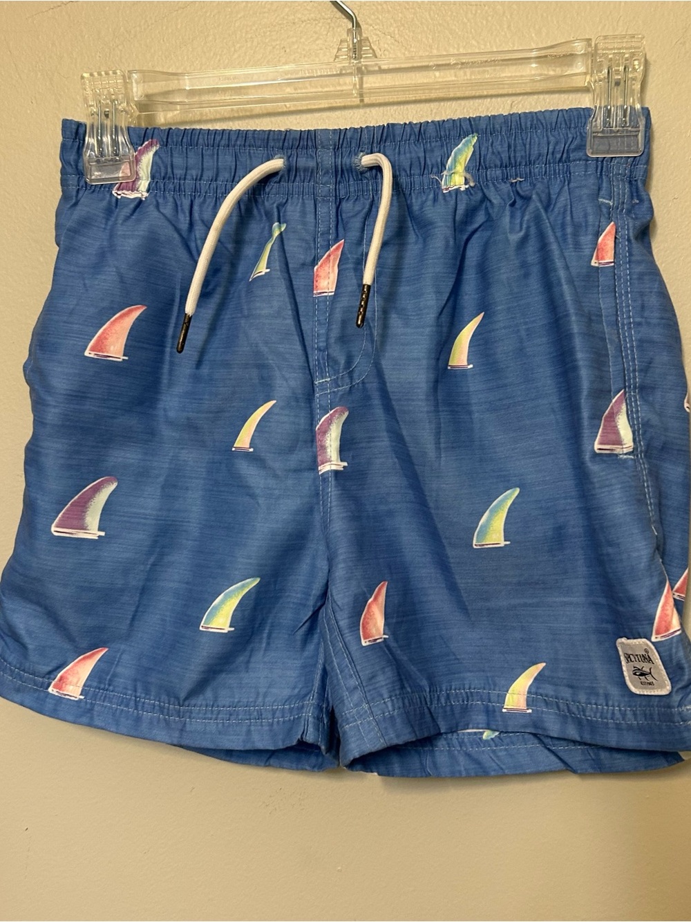 Spicy Tuna Swim Trunks Shorts Boys Size 10- Blue W/ Shark Fins Beach Pool Vaca